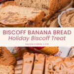 Biscoff banana bread loaf with a cookie butter topping beside a pack of Biscoff cookies and bananas.