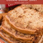 Stack of Biscoff banana bread slices showing cookie butter swirls and a Biscoff topping.