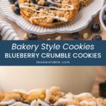 Plate of blueberry crumble cookies with bowls of blueberries and white chocolate chips, and a cookie broken open to show the blueberry center by Tessie's Table.