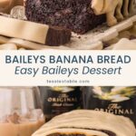 Sliced chocolate Baileys banana bread with white chocolate ganache and chocolate chips, with Baileys bottles in the background.