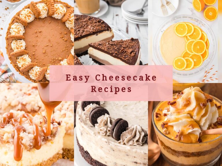 Easy cheesecake recipes including no-bake Biscoff cheesecake, layered chocolate cheesecake, orange creamsicle cheesecake and caramel apple cheesecake bars by Tessie's Table.