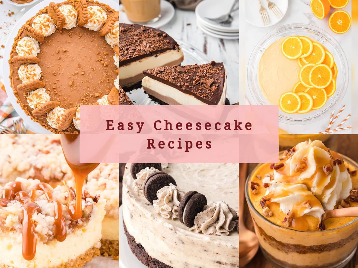 Easy cheesecake recipes including no-bake Biscoff cheesecake, layered chocolate cheesecake, orange creamsicle cheesecake and caramel apple cheesecake bars by Tessie's Table.