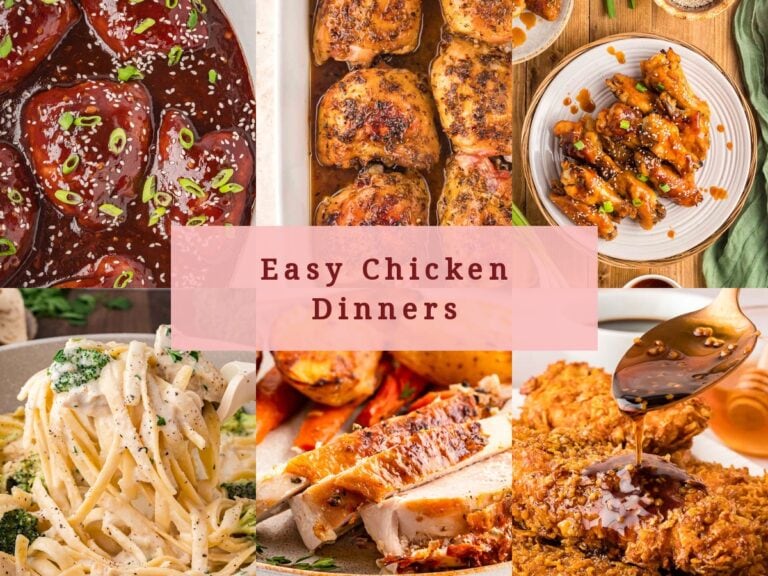 Easy chicken dinners including crockpot honey garlic chicken, lemon garlic chicken thighs, honey garlic chicken wings, chicken and broccoli alfredo and spatchcock chicken by Tessie's Table.