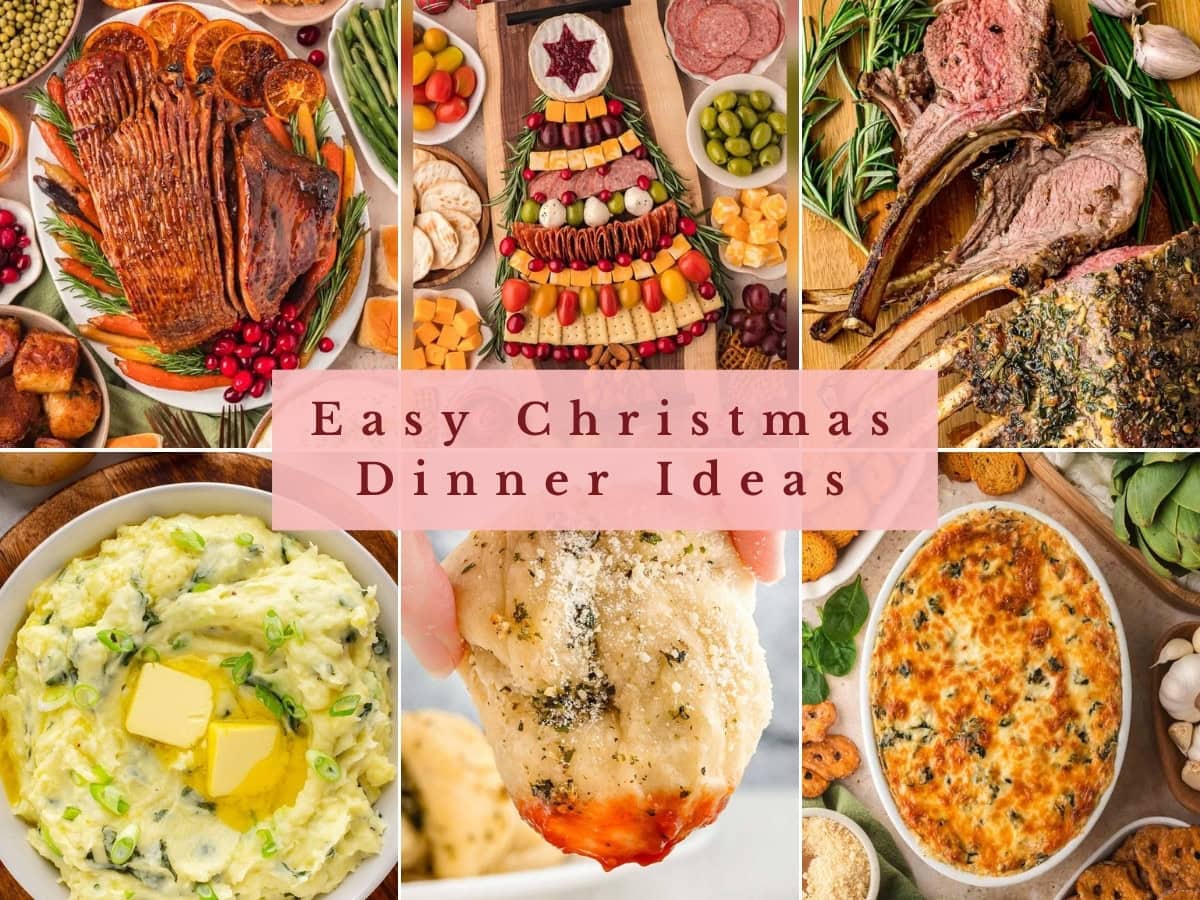Easy Christmas dinner ideas collage with glazed ham, a Christmas tree charcuterie board, rack of lamb, colcannon, garlic knots and spinach dip by Tessie's Table.