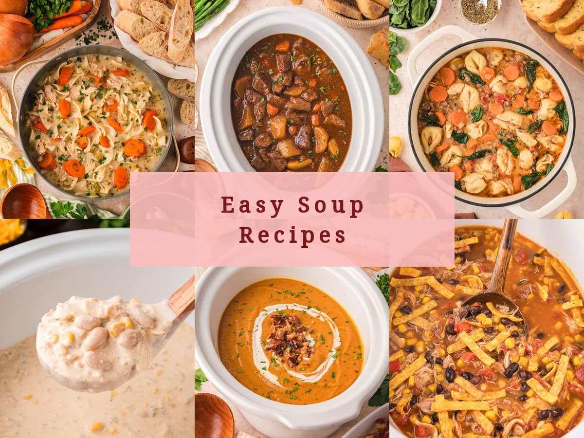 Easy soup recipes including creamy chicken noodle soup, slow cooker beef stew, sausage tortellini soup, white chicken chili and pumpkin soup by Tessie's Table.