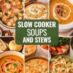 Slow Cooker Soups and Stews pin with a collage of recipes from the easy soup recipes roundup by Tessie's Table.