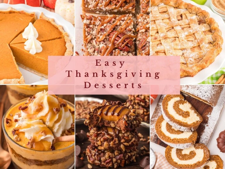 Easy Thanksgiving desserts including pumpkin pie, salted caramel pecan bars, apple pie, pumpkin pie cheesecake cups, turtle thumbprint cookies and pumpkin roll by Tessie's Table.