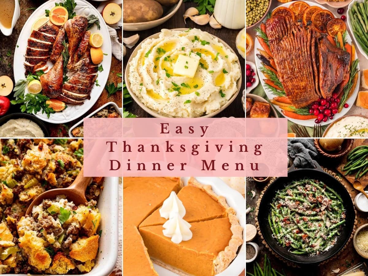 Easy Thanksgiving dinner menu with roast turkey, garlic mashed potatoes, glazed ham, sourdough stuffing, pumpkin pie and cheesy green beans by Tessie's Table.