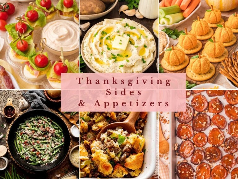 Easy Thanksgiving side dishes and appetizers including BLT deviled eggs, garlic mashed potatoes, mini pumpkin cheese balls, cheesy green beans, sourdough stuffing and maple roasted sweet potatoes by Tessie's Table.