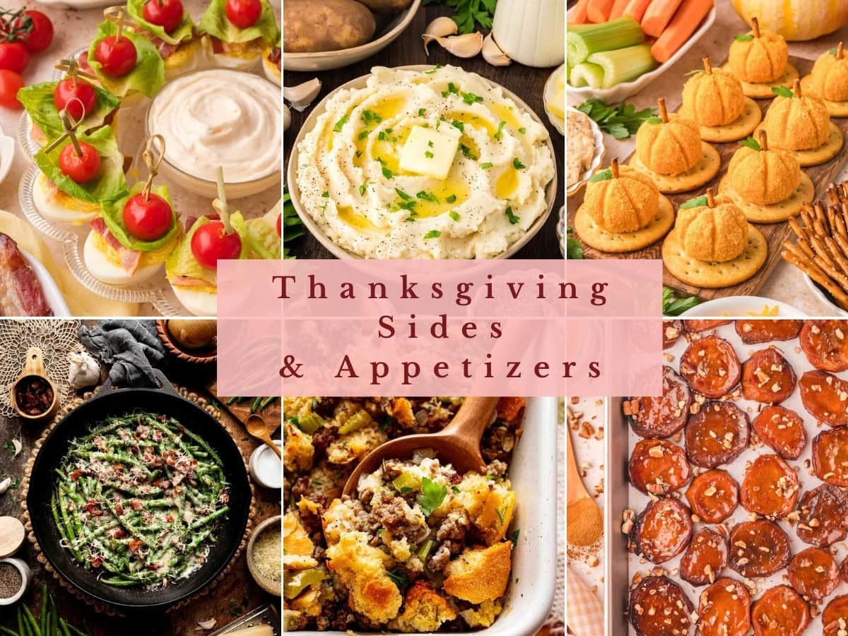 Easy Thanksgiving side dishes and appetizers including BLT deviled eggs, garlic mashed potatoes, mini pumpkin cheese balls, cheesy green beans, sourdough stuffing and maple roasted sweet potatoes by Tessie's Table.