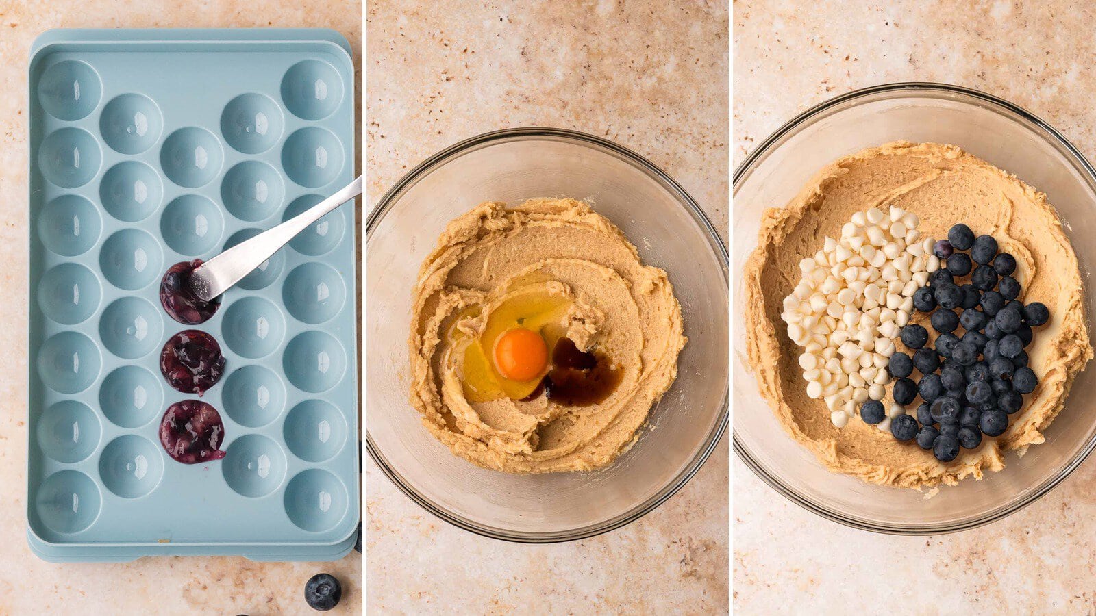 Three step collage showing mashed blueberries in a mini ice cube tray, an egg and vanilla on creamed butter and sugar, and white chocolate chips and blueberries on the cookie dough for blueberry crumble white chocolate cookies by Tessie's Table.