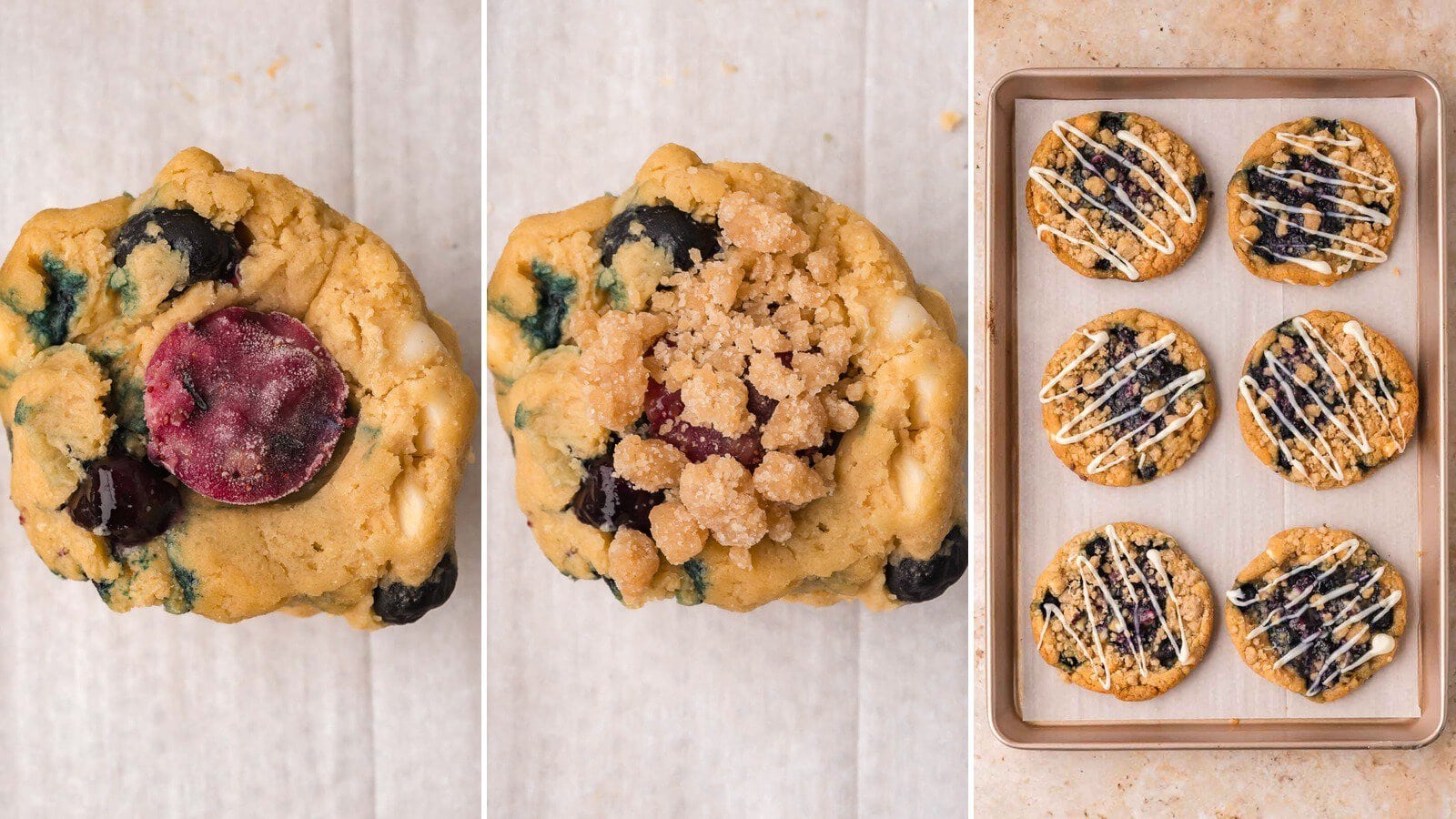 Three step collage showing a frozen blueberry center in a ball of cookie dough, crumble topping piled on top, and a tray of baked blueberry crumble white chocolate cookies with a white chocolate drizzle by Tessie's Table.