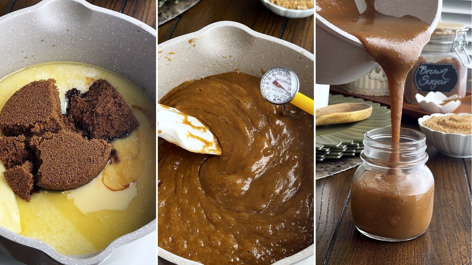 Three step collage showing butter, brown sugar and sweetened condensed milk in a saucepan, the smooth melted caramel with a thermometer, and caramel sauce being poured into a glass jar by Tessie's Table.