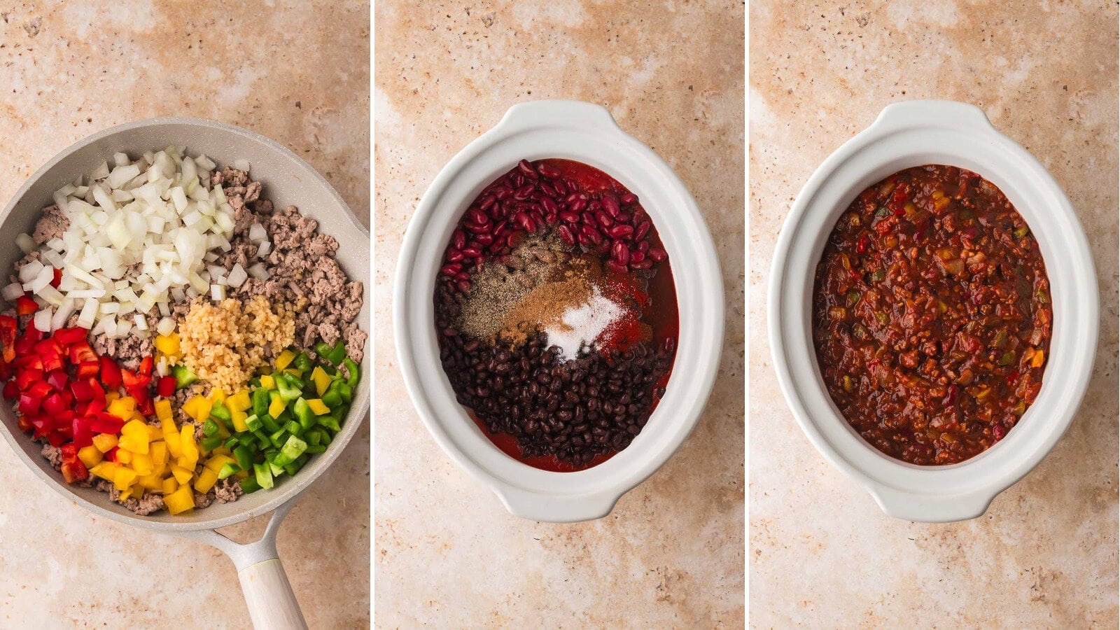 Three step collage showing browned ground turkey with onion, bell peppers and garlic in a skillet, beans, tomatoes and spices added to the slow cooker, and the finished slow cooker turkey chili by Tessie's Table.