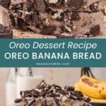 Stack of glazed Oreo banana bread slices and a cut loaf showing chopped Oreos through the crumb.