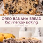Cut Oreo banana bread loaf next to a stack of slices with cookies and cream glaze.