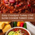 Wooden ladle lifting turkey chili out of a crockpot, and a bowl of turkey chili topped with avocado, sour cream and cheese next to cornbread.
