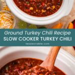 Overhead view of turkey chili in a white crockpot with sour cream, cheese and cornbread, and a wooden spoon scooping chili from the crockpot.